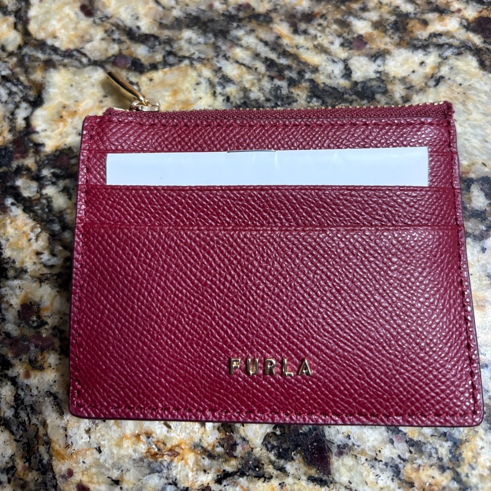 Furla Saffiano wine red Leather Classic Card Case Wallet